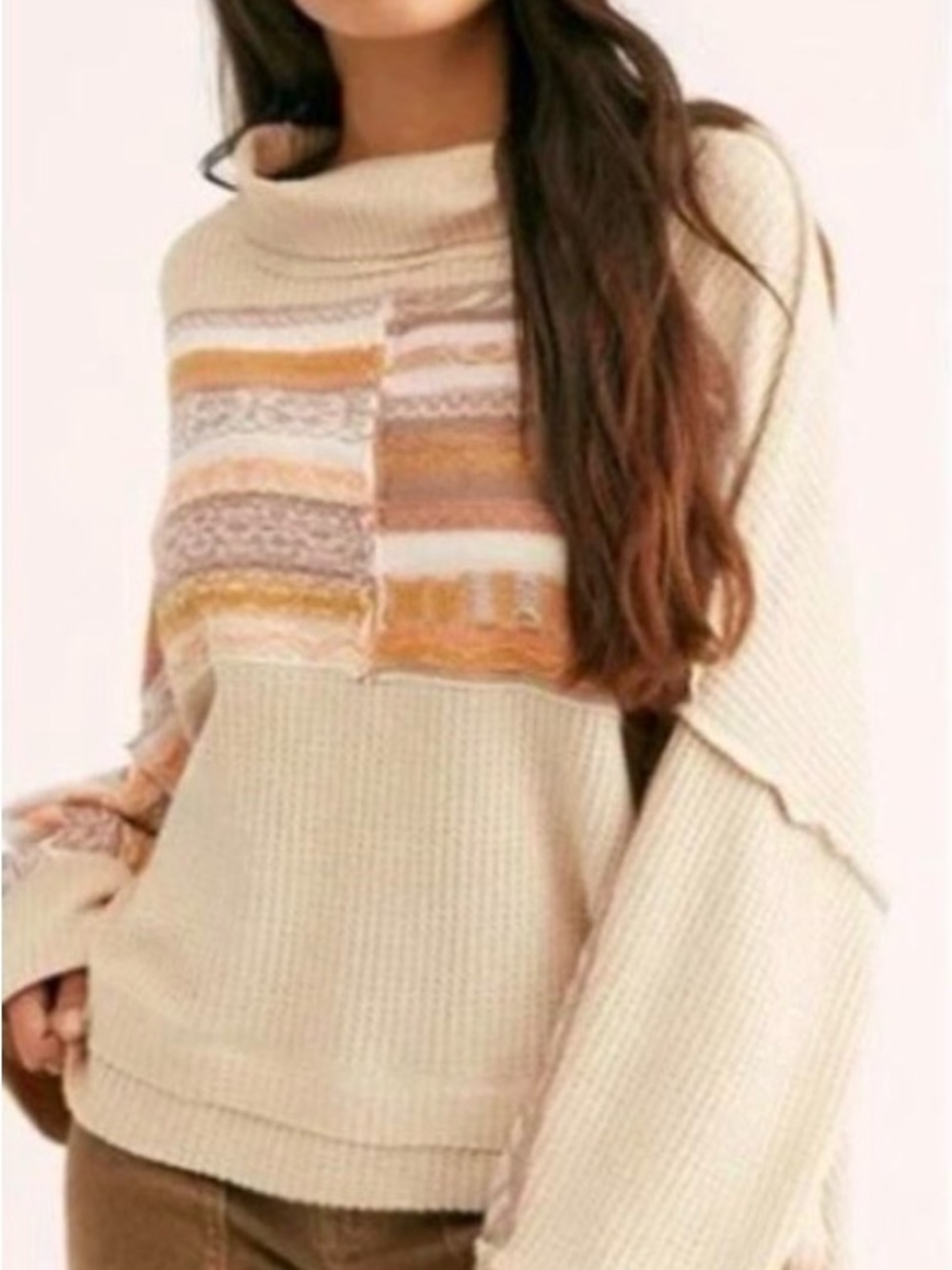We the Free Leah Swit Oversized Med Cream Knit Women's Cowl Neck Sweater PTP 30”